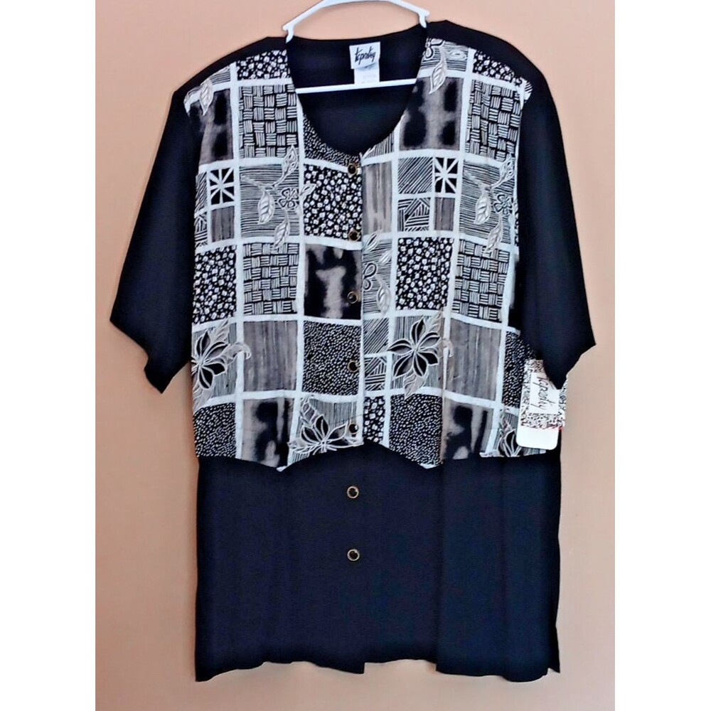 Shirt New XXL womans Tapestry Blouse short Sleeve Black ivory Beige